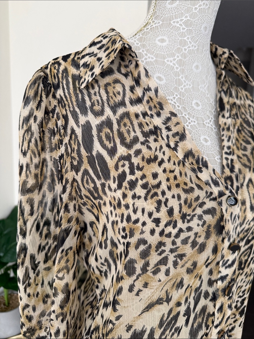 Leopard Print Button-Up Tunic Blouse - Beige, Black - Picture 4 of 5